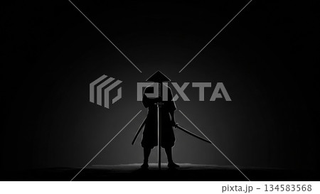 孤高の戦士：夜明けの丘に立つ侍のシルエット 134583568