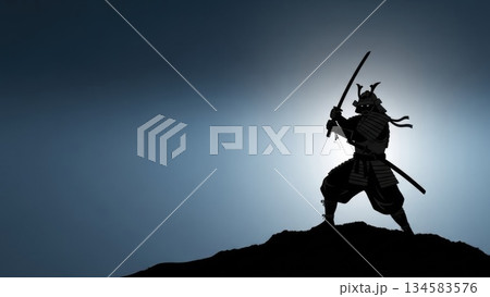 孤高の戦士：夜明けの丘に立つ侍のシルエット 134583576
