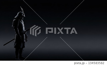 孤高の戦士：夜明けの丘に立つ侍のシルエット 134583582