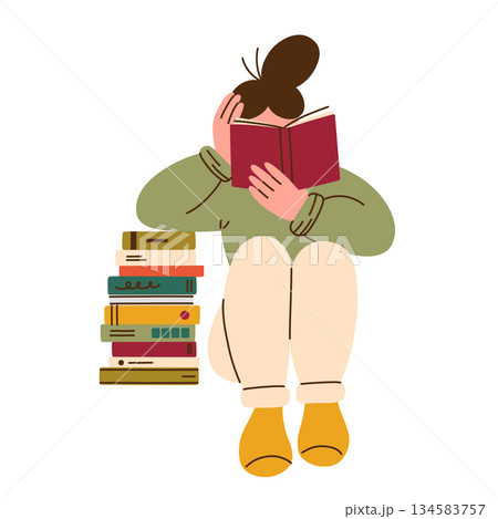 Flat cartoon vector illustration of girl reading book, woman sitting on floor and leaning on book stack, cozy library scene, paper reading hobby, calm self care mood for education, study projects 134583757