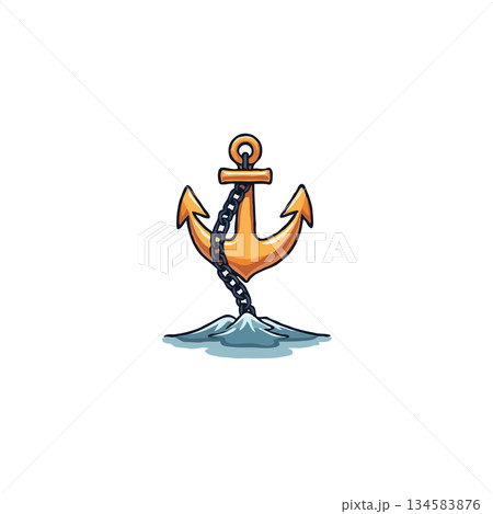 Whimsical nautical anchor illustration poised on a stylized water surface with hanging chain Whimsical nautical anchor illustration poised on a stylized water surface with hanging chain 134583876