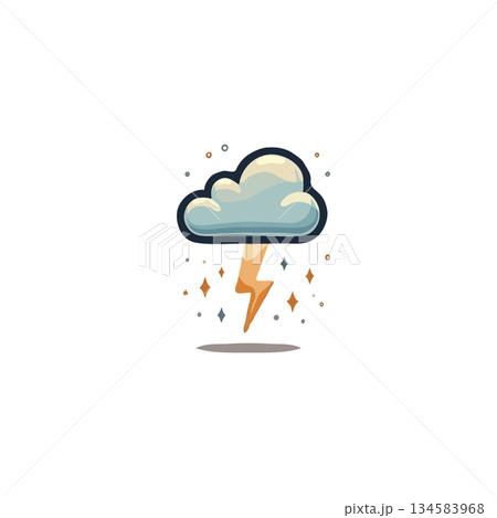 Stylized weather illustration featuring a striking cloud, lightning bold, and twinkling stars in 134583968