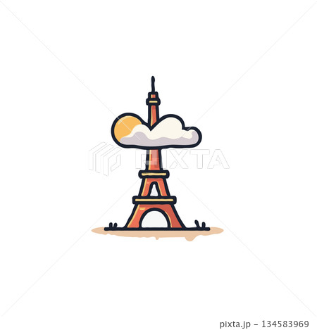 Whimsical eiffel tower under a sunny cloud in a bright cheerful cartoon rendering against clear 134583969