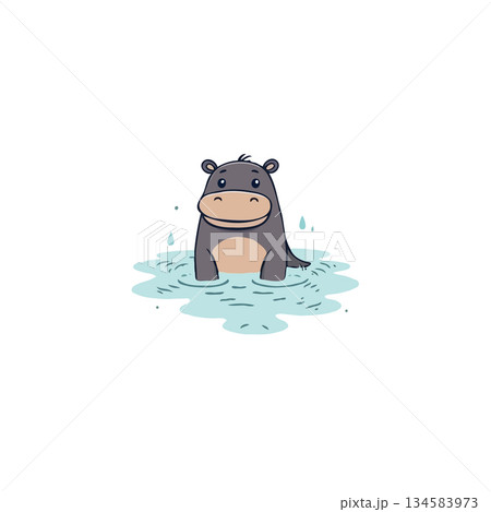 A cute hippo enjoying refreshing dip in a cool water, illustration of adorable river horse 134583973