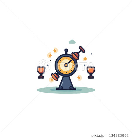 Whimsical illustration of a fortune telling machine accompanied by two glasses emanating mystical 134583992