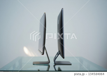 closeup of silver pen lying on table 134584064