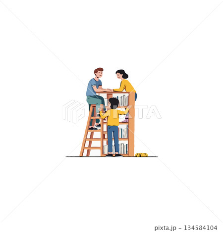 Cooperative family arranges books on a high shelf fostering knowledge and literacy together 134584104