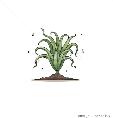 Whimsical botanical illustration featuring a stylized plant springing from the earth creating an 134584105