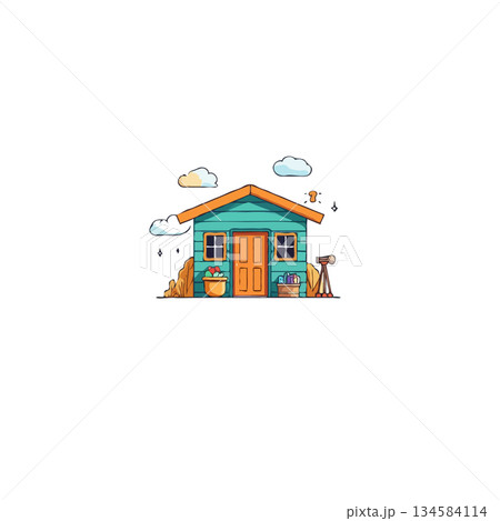 Quaint turquoise cabin retreat with orange accents under fluffy cloudscape captures simple living 134584114