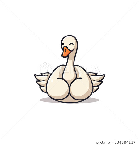 Charming cartoon swan character displaying delightful contentment and innocent charm on clean 134584117