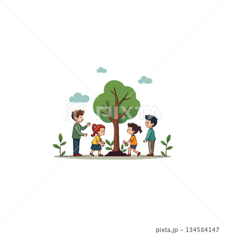 Promoting a greener world: Four happy people planting a tree for environmental conservation and Promoting a greener world: Four happy people planting a tree for environmental conservation and 134584147