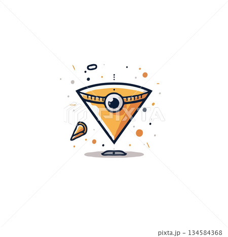Abstract illustration showcasing a triangular character with distinctive eye and floating piece in 134584368