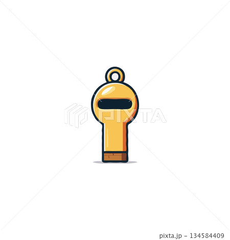 Whimsical golden key illustration with simplistic design elements and muted color palette creating 134584409
