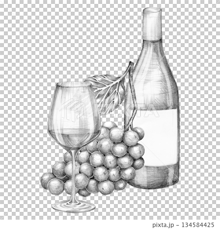 Composition of a bottle of wine, a glass and a bunch of grapes. Hand drawn with a pencil without a background 134584425