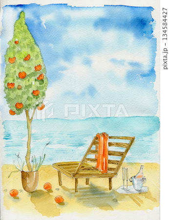 summer landscape with chaise lounge, tree with oranges overlooking the sea. Hand painted with watercolors on textured paper. For postcards, design 134584427