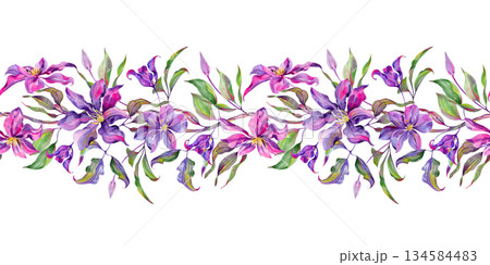Flowers and buds of clematis, flowering branch and leaves are multi-colored, graceful. Seamless pattern, border Flowers and buds of clematis, flowering branch and leaves are multi-colored, graceful. Seamless pattern, border 134584483