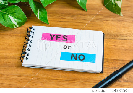 YESかNOかを選択する意思決定のイメージ　メモ帳と選択肢の文字素材 134584503