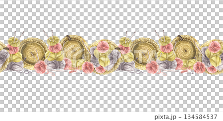 Watercolor Balls of yarn threads in different color seamless border. Hand drawn hobby knitting illustration. Realistic skeins of string with knitting needles. Handicrafts horizontal pattern isolated Watercolor Balls of yarn threads in different color seamless border. Hand drawn hobby knitting illustration. Realistic skeins of string with knitting needles. Handicrafts horizontal pattern isolated 134584537