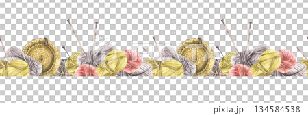 Watercolor knitting seamless border. Balls of yarn threads in different color. Realistic skeins of string with knitting needles, crochet hook. Hobby pattern isolated on white background illustration Watercolor knitting seamless border. Balls of yarn threads in different color. Realistic skeins of string with knitting needles, crochet hook. Hobby pattern isolated on white background illustration 134584538