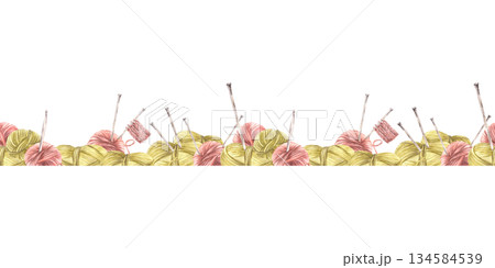 Watercolor hobby knitting seamless border. Balls of yarn, threads with knitting needles. Hand drawn illustration with knitted pink element, skeins of string Isolated from background horizontal pattern 134584539