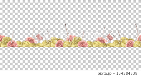 Watercolor hobby knitting seamless border. Balls of yarn, threads with knitting needles. Hand drawn illustration with knitted pink element, skeins of string Isolated from background horizontal pattern 134584539