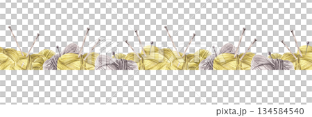 Watercolor hobby knitting seamless border. Balls of yarn threads in different color. Hand drawn illustration Skeins of string with knitting needles. Handicrafts striped pattern design. Isolated from Watercolor hobby knitting seamless border. Balls of yarn threads in different color. Hand drawn illustration Skeins of string with knitting needles. Handicrafts striped pattern design. Isolated from 134584540