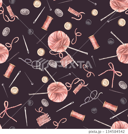 Watercolor seamless pattern with elements for handicrafts. Buttons, yarn ball with knitting needles, thread spool and sewing pins. Hand drawn illustration on isolated dark background Fabric, wallpaper Watercolor seamless pattern with elements for handicrafts. Buttons, yarn ball with knitting needles, thread spool and sewing pins. Hand drawn illustration on isolated dark background Fabric, wallpaper 134584542