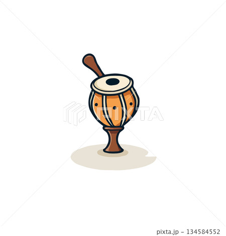 Whimsical illustration showcasing a traditional drum with a mallet evokes musical traditions and Whimsical illustration showcasing a traditional drum with a mallet evokes musical traditions and 134584552