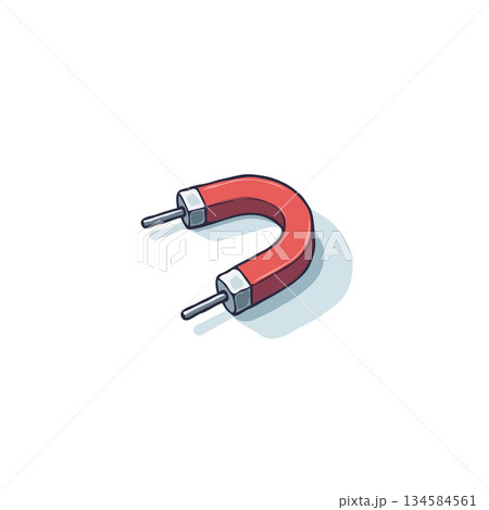Illustrated horseshoe magnet stands alone symbolizing the forces of attraction and scientific 134584561