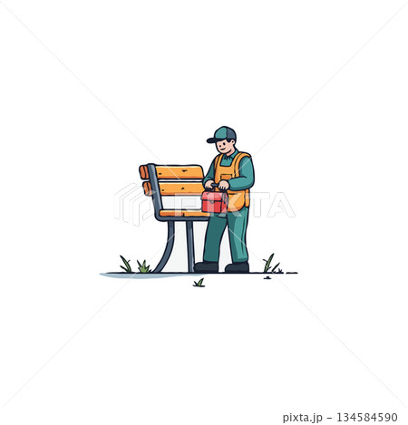 Man with lunchbox by park bench creating an isolated scene with an air of simple charm and 134584590