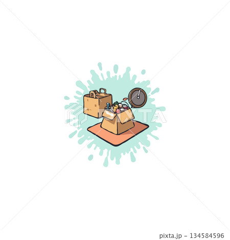 Conceptual digital illustration displaying cardboard boxes packed with products against a light 134584596
