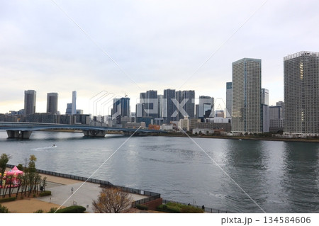 隅田川に架かる佃大橋と高層マンション群 134584606