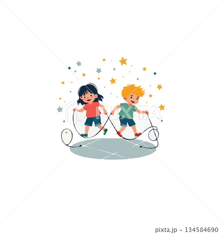 Whimsical depiction of children enjoying jump rope with playful stars an illustration embracing 134584690