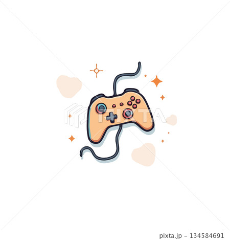 Stylized video game controller with cord surrounded by sparkling stars offering playful gaming 134584691