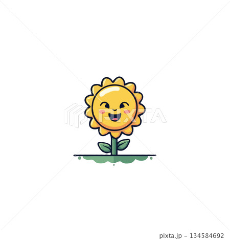 Cheerful sunflower character radiating happiness with a playful expression under clear skies and 134584692