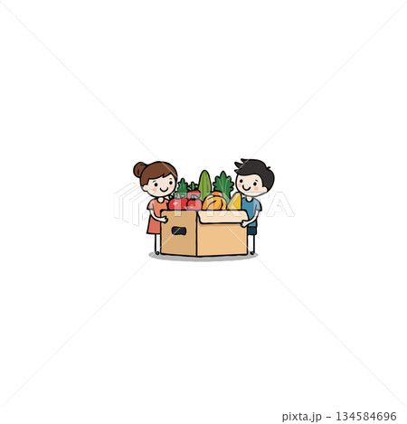 Whimsical illustration of two happy cartoon characters carrying a cardboard box brimming with Whimsical illustration of two happy cartoon characters carrying a cardboard box brimming with 134584696