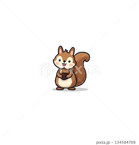 A charming squirrel illustration with a fluffy tail joyfully holding an acorn in its paws against A charming squirrel illustration with a fluffy tail joyfully holding an acorn in its paws against 134584709