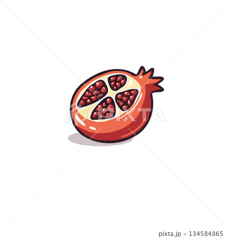 Artistic depiction of a halved pomegranate showcasing vibrant seeds within a stylized drawing 134584865
