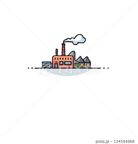 Stylized industrial facility illustration, with factory chimneys and smoke, minimal design, 134584866