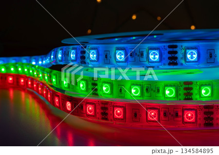 RGB LED light strips close-up, macro of electronic lighting components 134584895