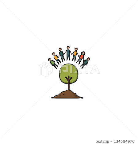 Symbolic representation of unity and global collaboration with a tree representing growth and 134584976