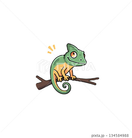 Adorable green chameleon perched elegantly on a twig casting a cheerful glow its vibrant colors a 134584988