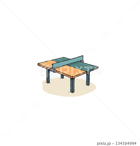 Whimsical illustration featuring a cartoon ping pong table evoking leisure activity with geometric 134584994