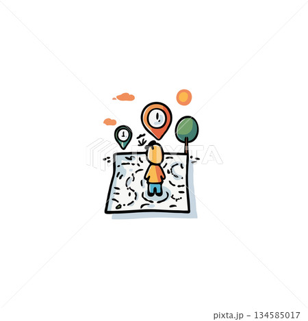 Navigating the unknown: child explores world map with location markers towards growth exploration 134585017