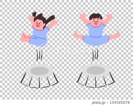 一個孩子在彈跳床上玩耍的插圖 134585078