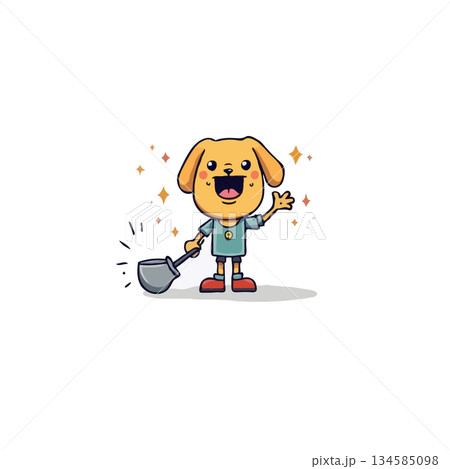 Cheerful cartoon dog character with shovel shining with happiness and ready to work with energy 134585098