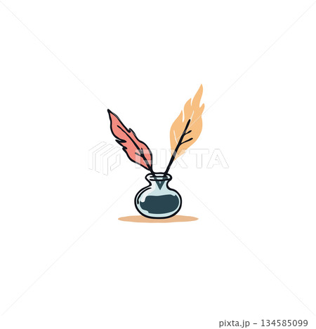 Whimsical inkwell illustration featuring two feathers offering nostalgic charm and simple elegance Whimsical inkwell illustration featuring two feathers offering nostalgic charm and simple elegance 134585099