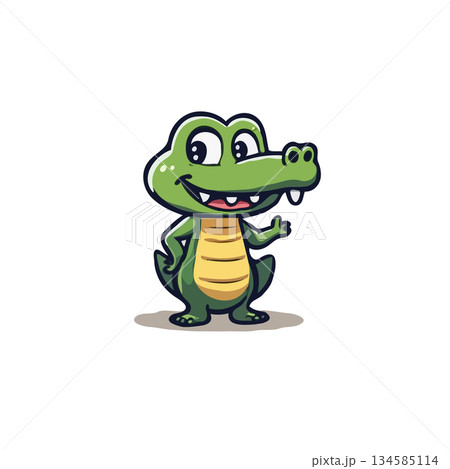 Charming cartoon alligator character gesturing with playful expression and inviting pose against a Charming cartoon alligator character gesturing with playful expression and inviting pose against a 134585114