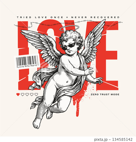Grunge Typographic Design With Vintage Cupid Grunge Typographic Design With Vintage Cupid 134585142