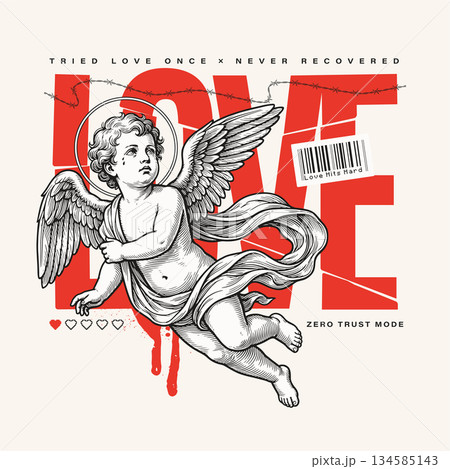 Grunge Typographic Design With Vintage Cupid Grunge Typographic Design With Vintage Cupid 134585143